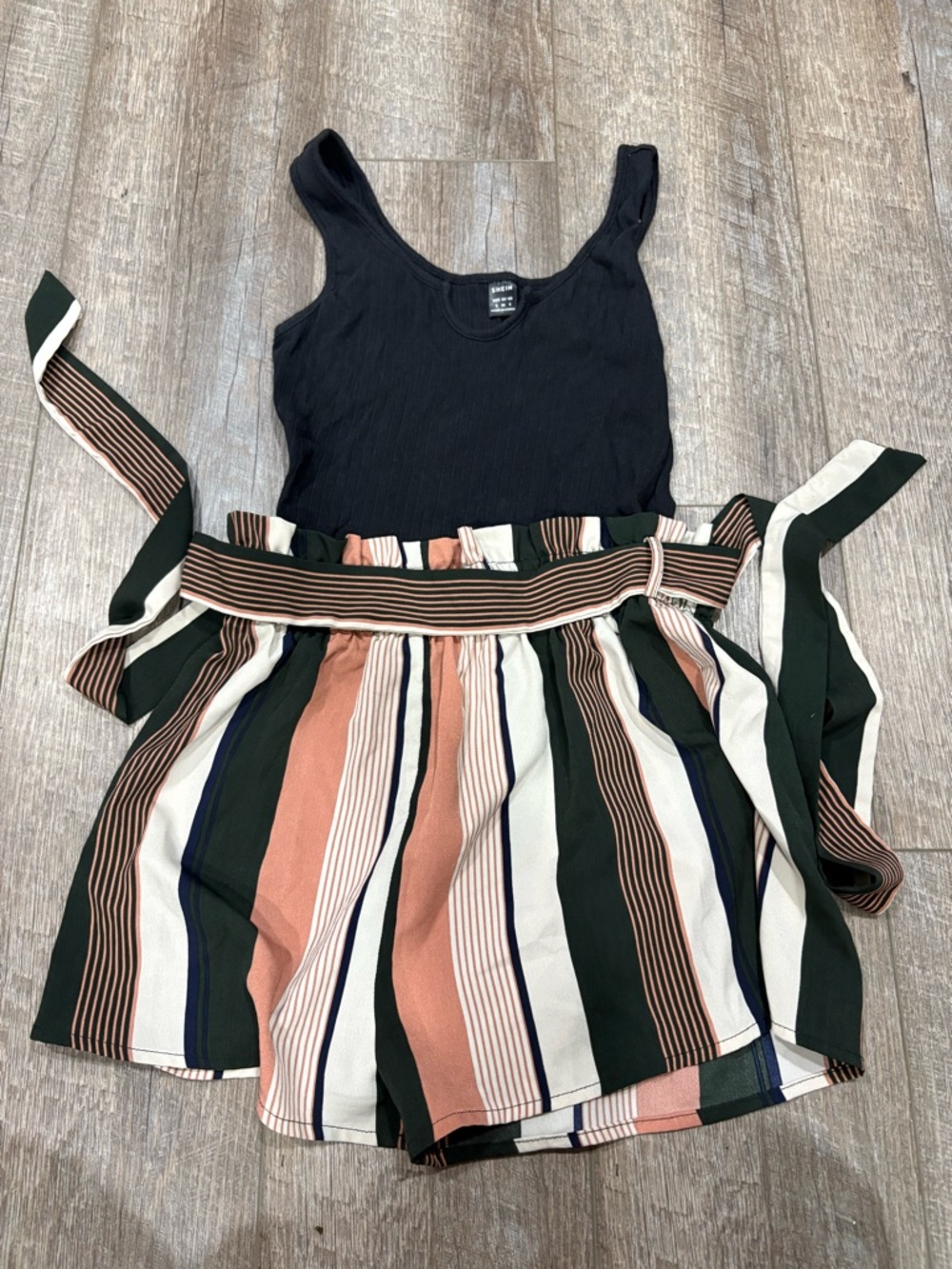 SHEIN Black Tank Top with Multicolor Striped Paperbag Waist Shorts